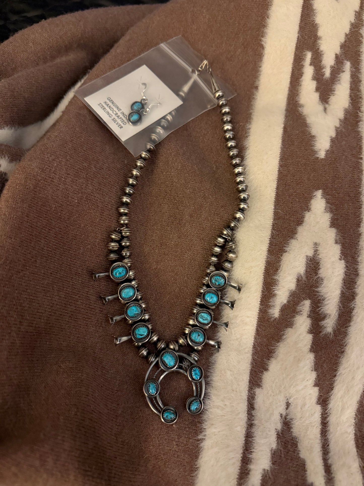 Navajo Indian Handmade Sterling Silver Squash Blossom with Earrings