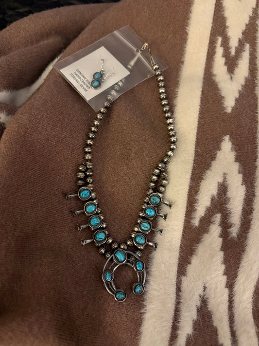 Navajo Indian Handmade Sterling Silver Squash Blossom with Earrings