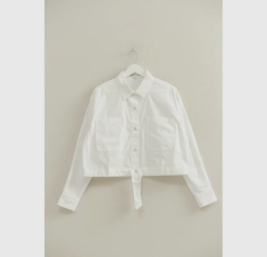 White Tie-Front Button Down Collared Blouse