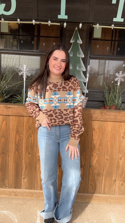 Lucky and Blessed Cheetah Aztec Sweater