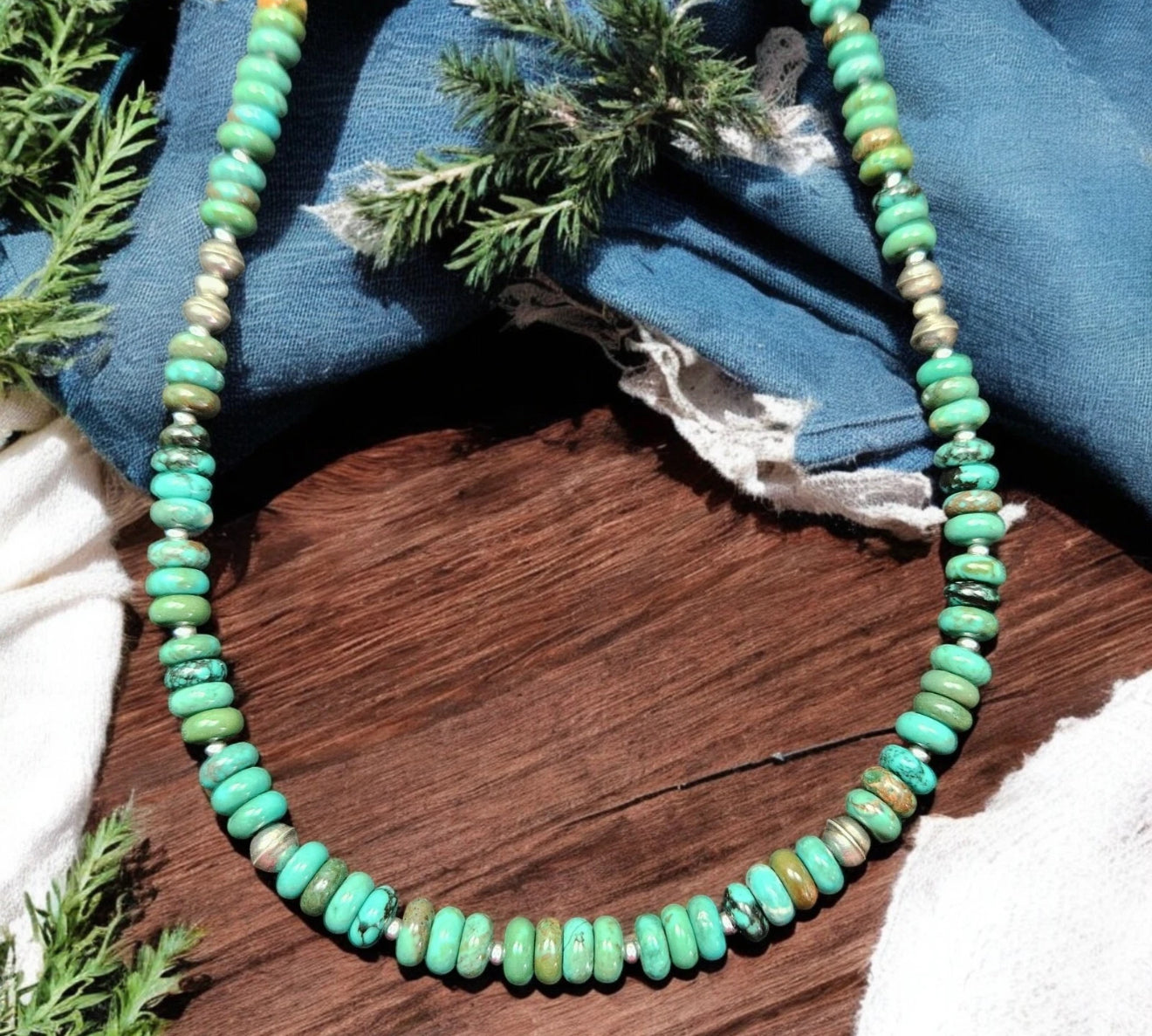 Sterling NAVAJO Pearl Hubei Turquoise Native Bench Beads Necklace VTG Silver 20"