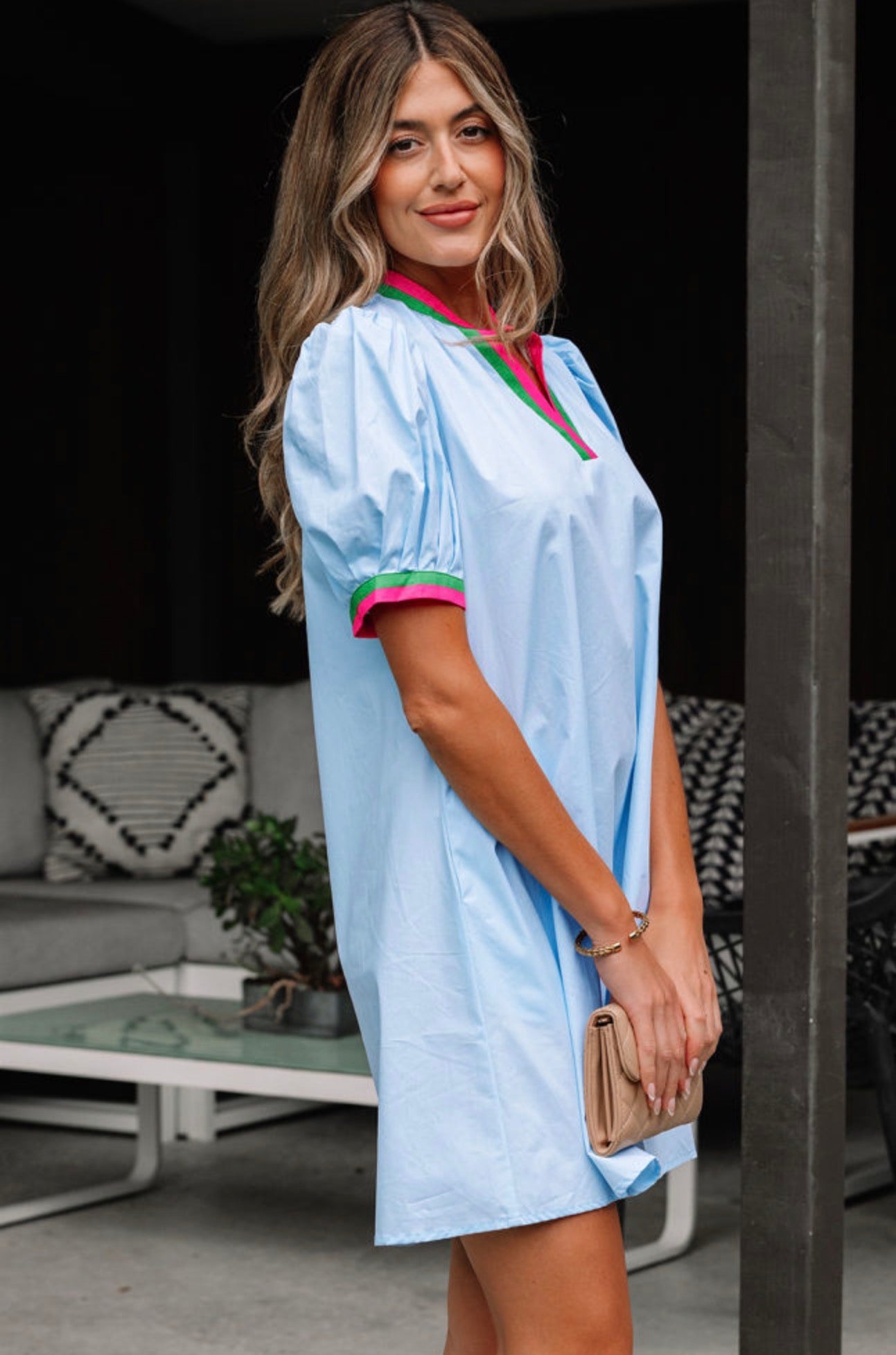 Myosotis Contrast Striped Notched V Neck Puff Sleeve Mini Dress