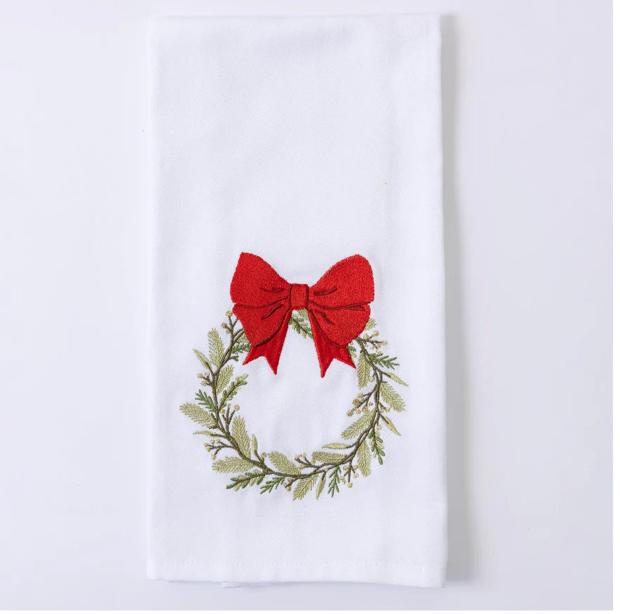 Mary Square Red Bow Wreath Tea Towel