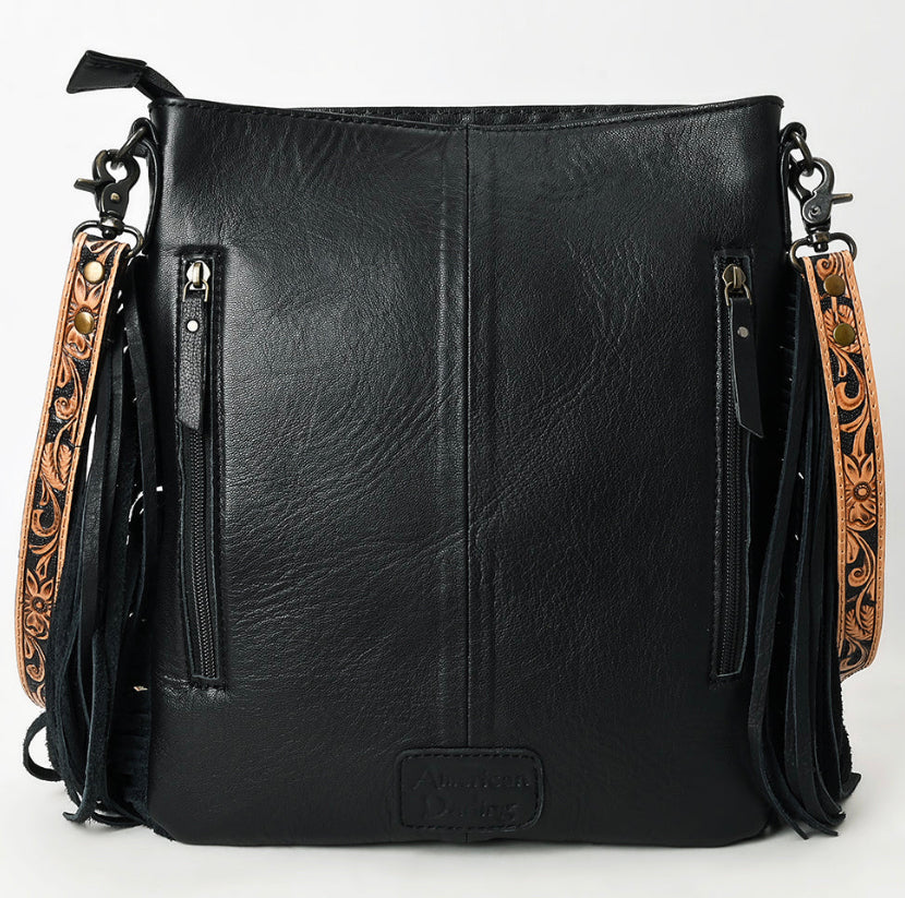 American Darling - Black Quilted Crossbody Bucket Hand Tooled Genuine Western Leather Women Bag