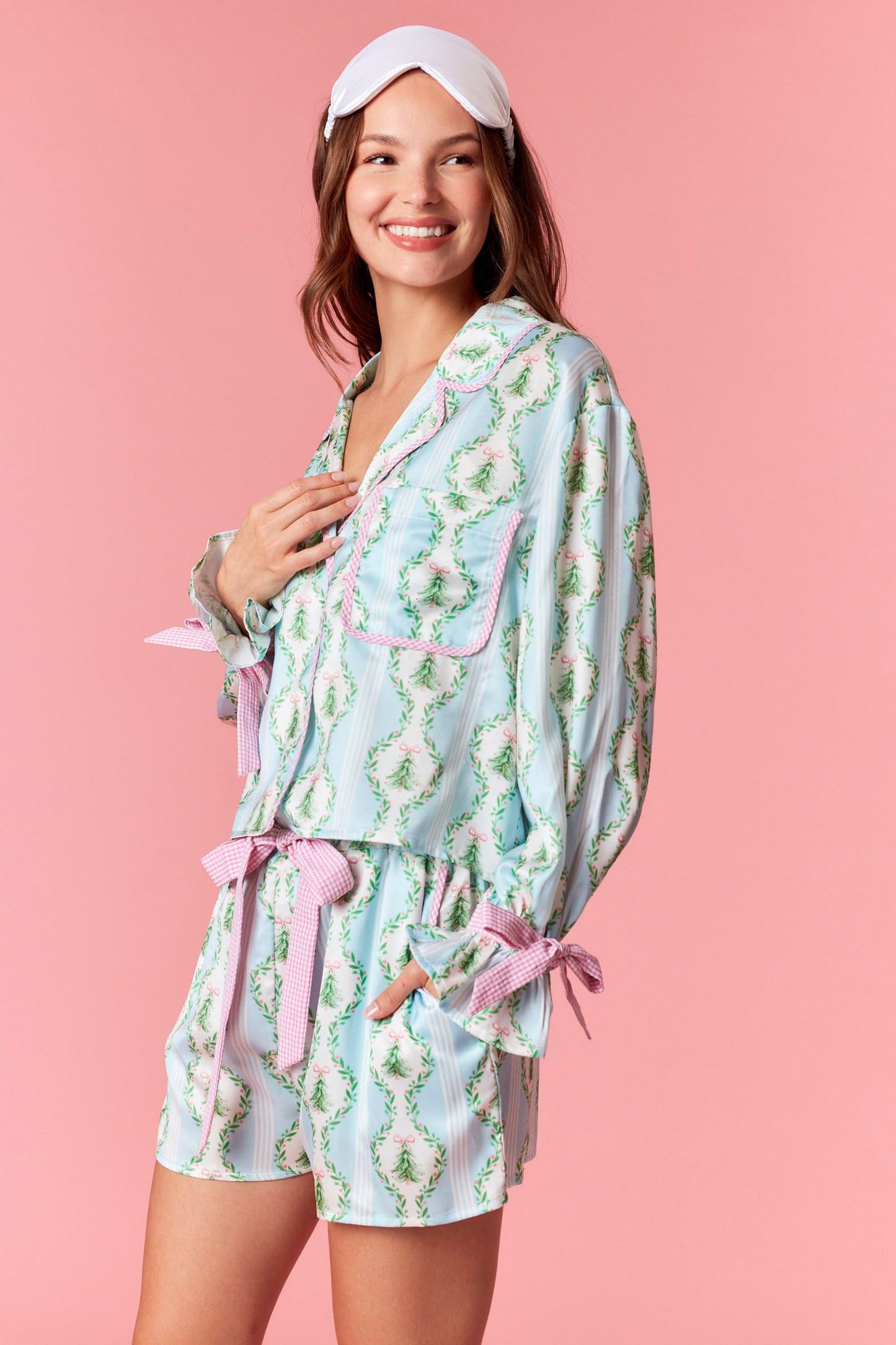 Christmas Printed Satin Gingham Tie Detail Pj Set