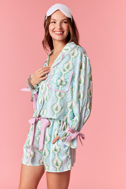 Christmas Printed Satin Gingham Tie Detail Pj Set