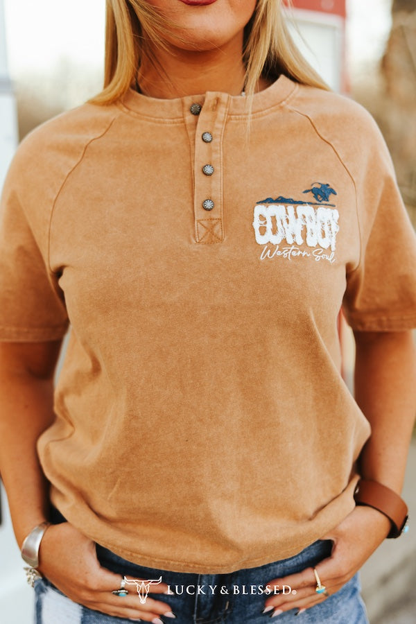 CAMEL MINERAL WASH EMBROIDERY AND CONCHO BUTTON DETAIL PEARL SNAP COWBOY PRINTED SHORT SLEEVE TOP