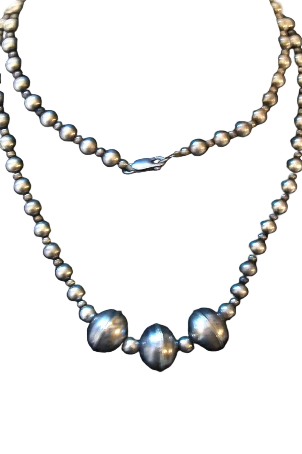AMAZING STERLING SILVER 925 LONG 31" 3MM BEAD NECKLACE WITH 3 LARGER 12MM BEADS