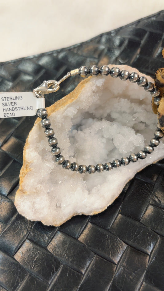 5mm 7.5” Sterling Silver HandStrung Bead Clamp Bracelet