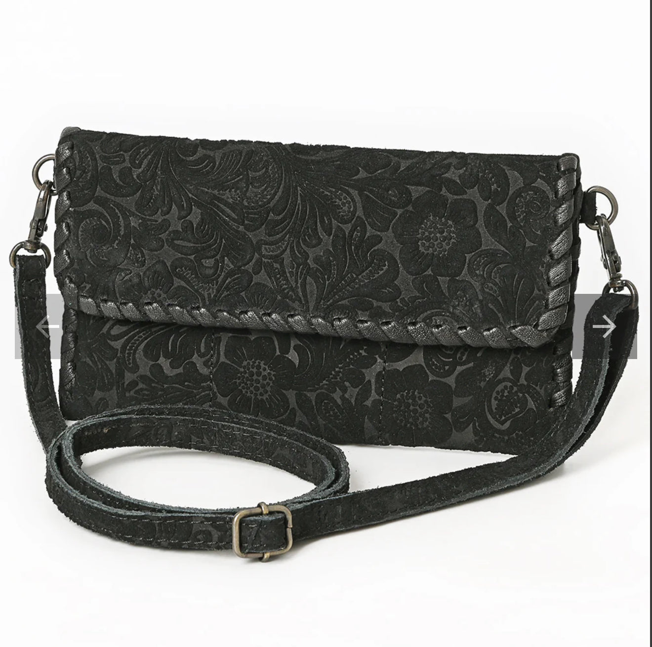 American Darling Black Floral Embossed Leather Crossbody Crossbody Bag with Whipstitch Trim