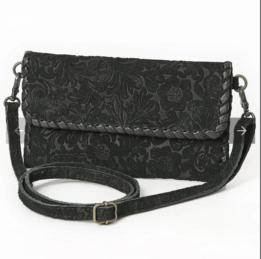 American Darling Black Floral Embossed Leather Crossbody Crossbody Bag with Whipstitch Trim