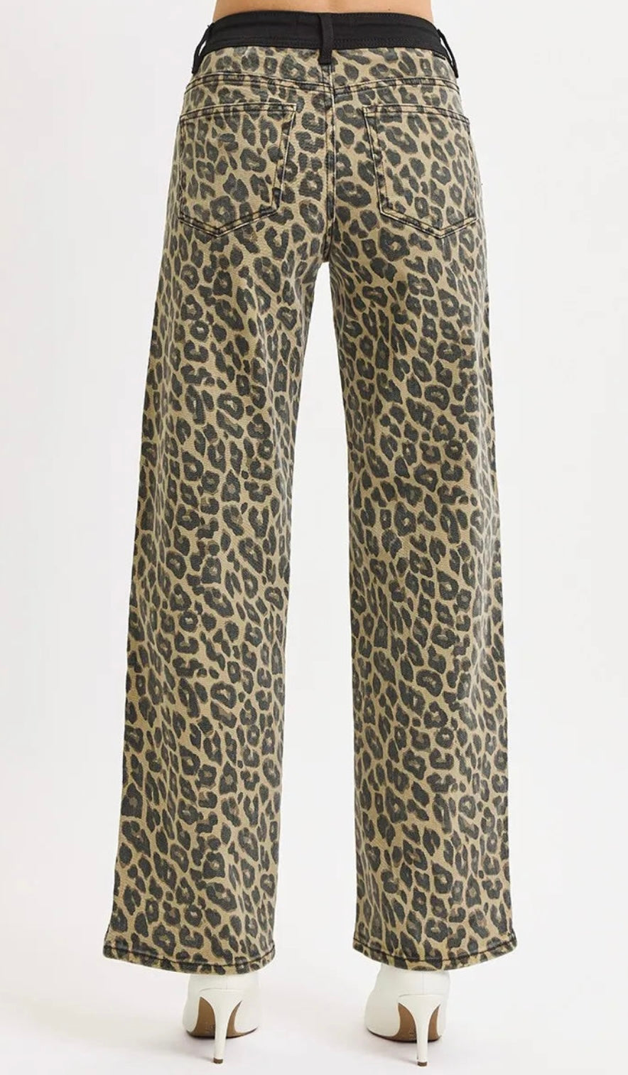 Risen High Rise Wide Leg Leopard Print Pants
