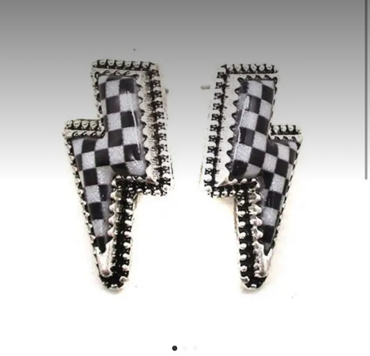 Checker Thunder Bolt Stud Earrings