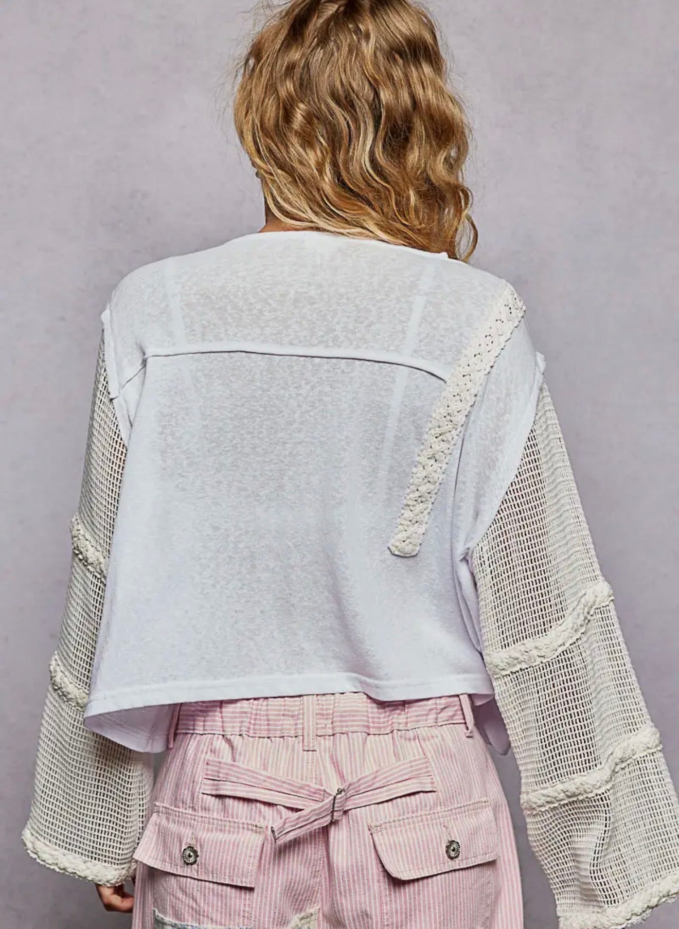 Round Neck Long See Through Sleeve Crochet Solid Knit Top