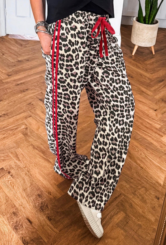 Red Contrast Detail Tie Waist Leopard Print Casual Pants