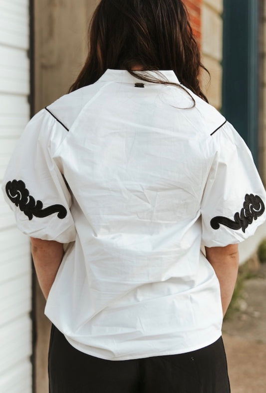 White and Black Western Embroidered Detail Blouse