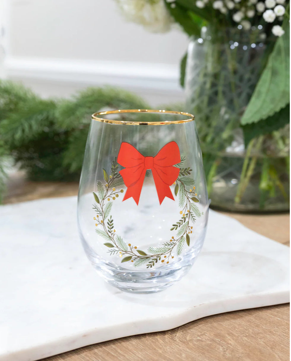 Mary Square Stemless Wine Glass | Red Bow Wreath