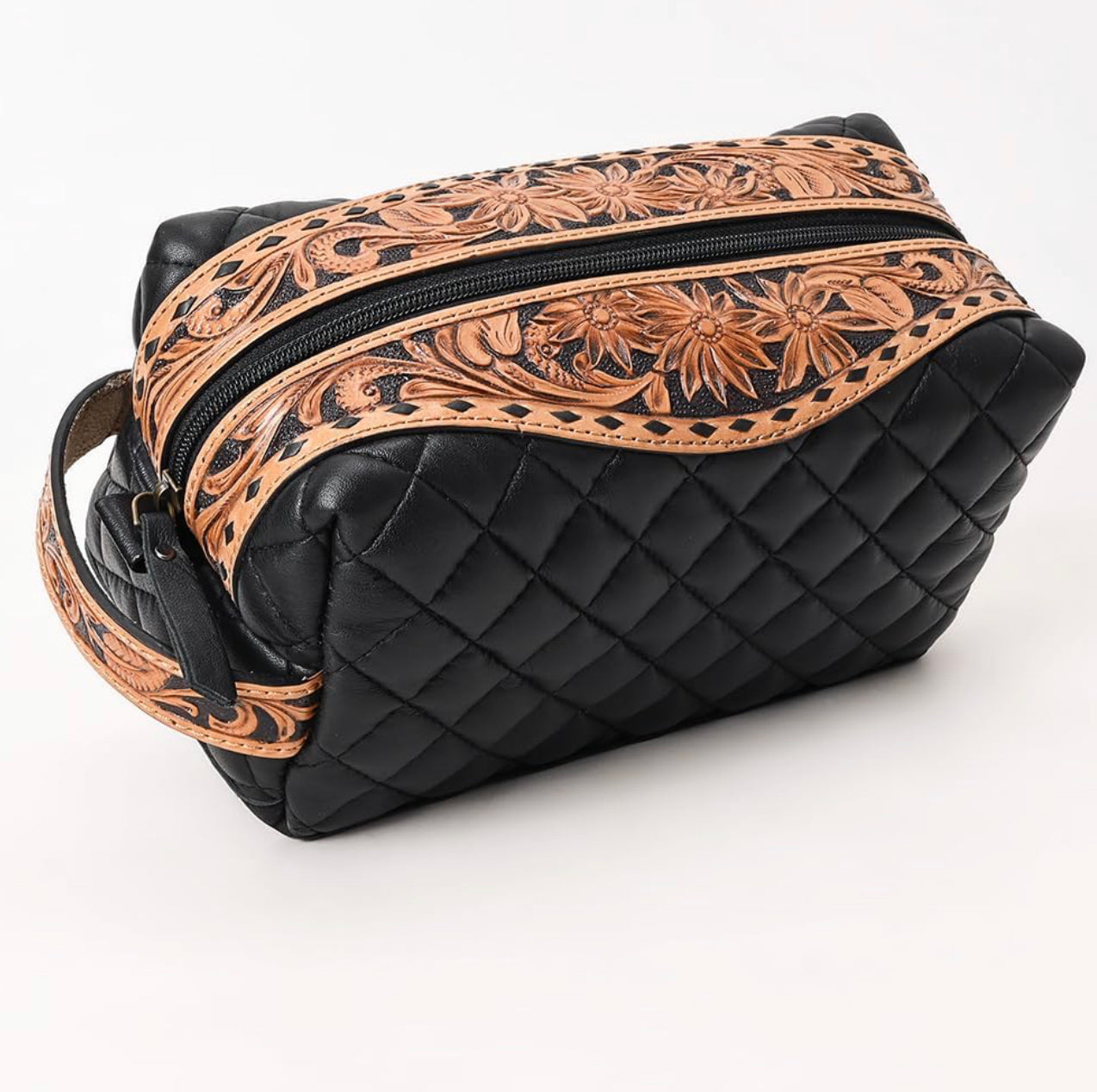 American Darling - Black Quilted Toiletry Hand Tooled Genuine Western Leather Women Bag