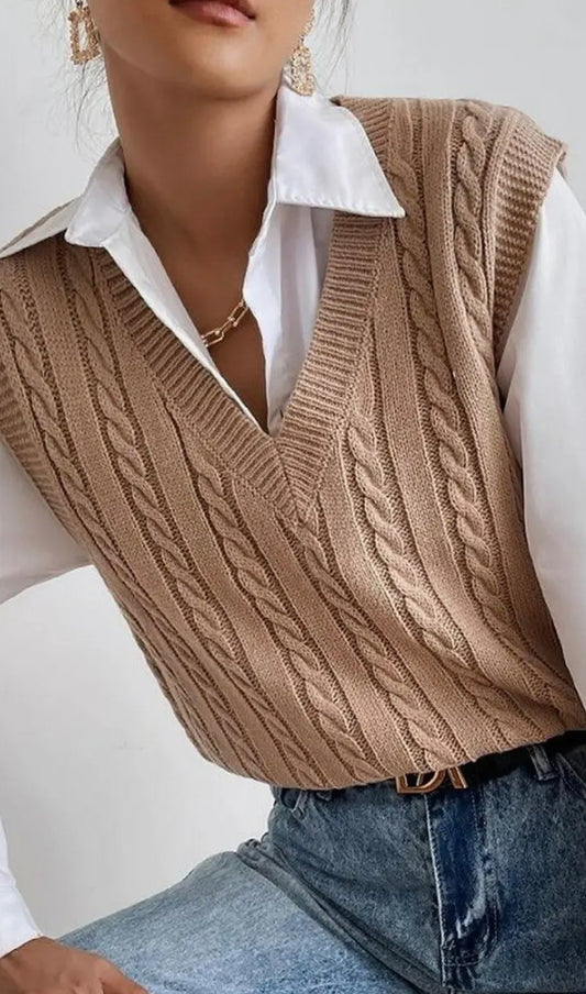 V-NECK Solid Color Cable Knit Sweater Vest