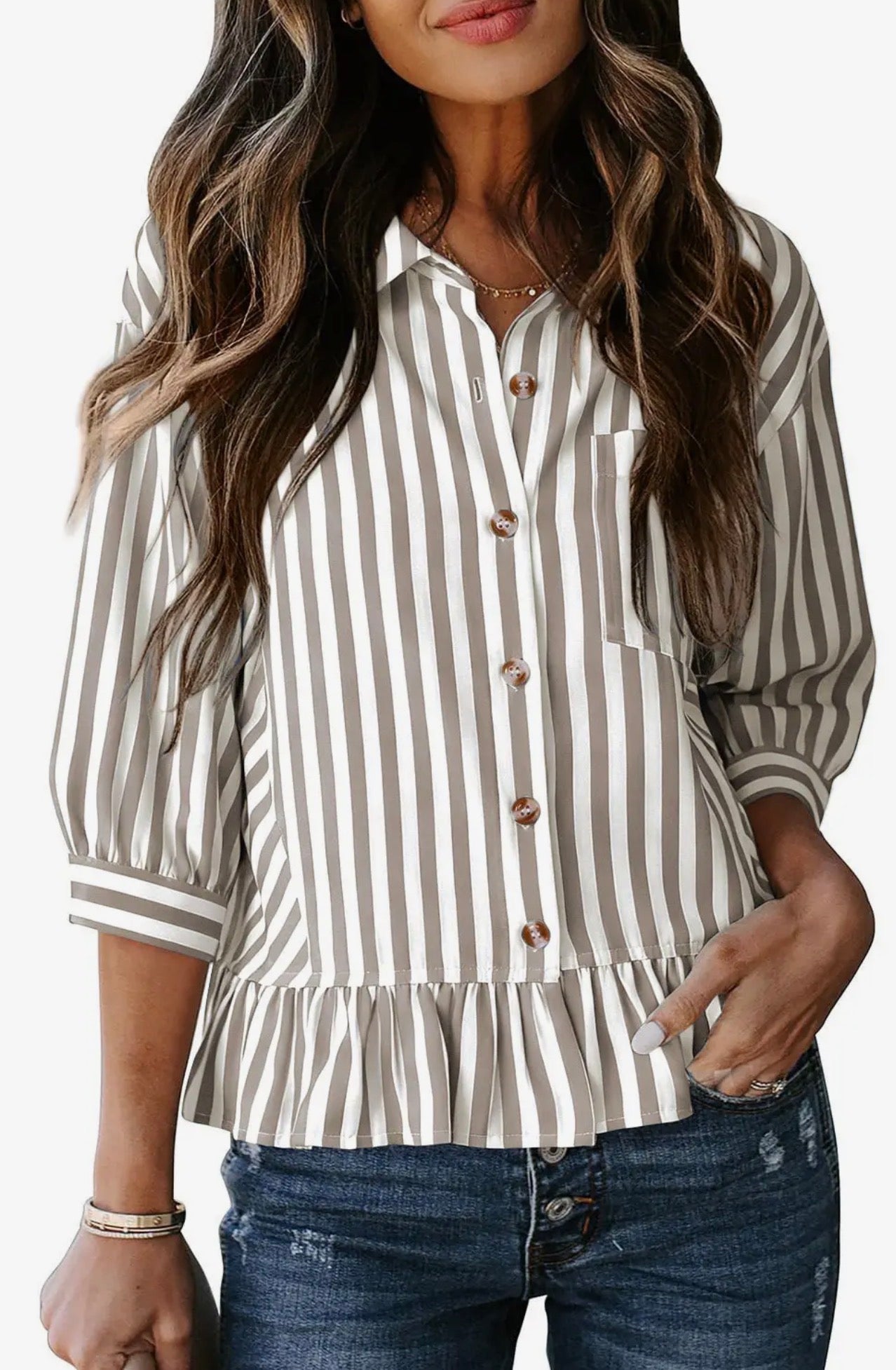 Striped Button Down Ruffle Hem 3/4 Sleeve Blouse