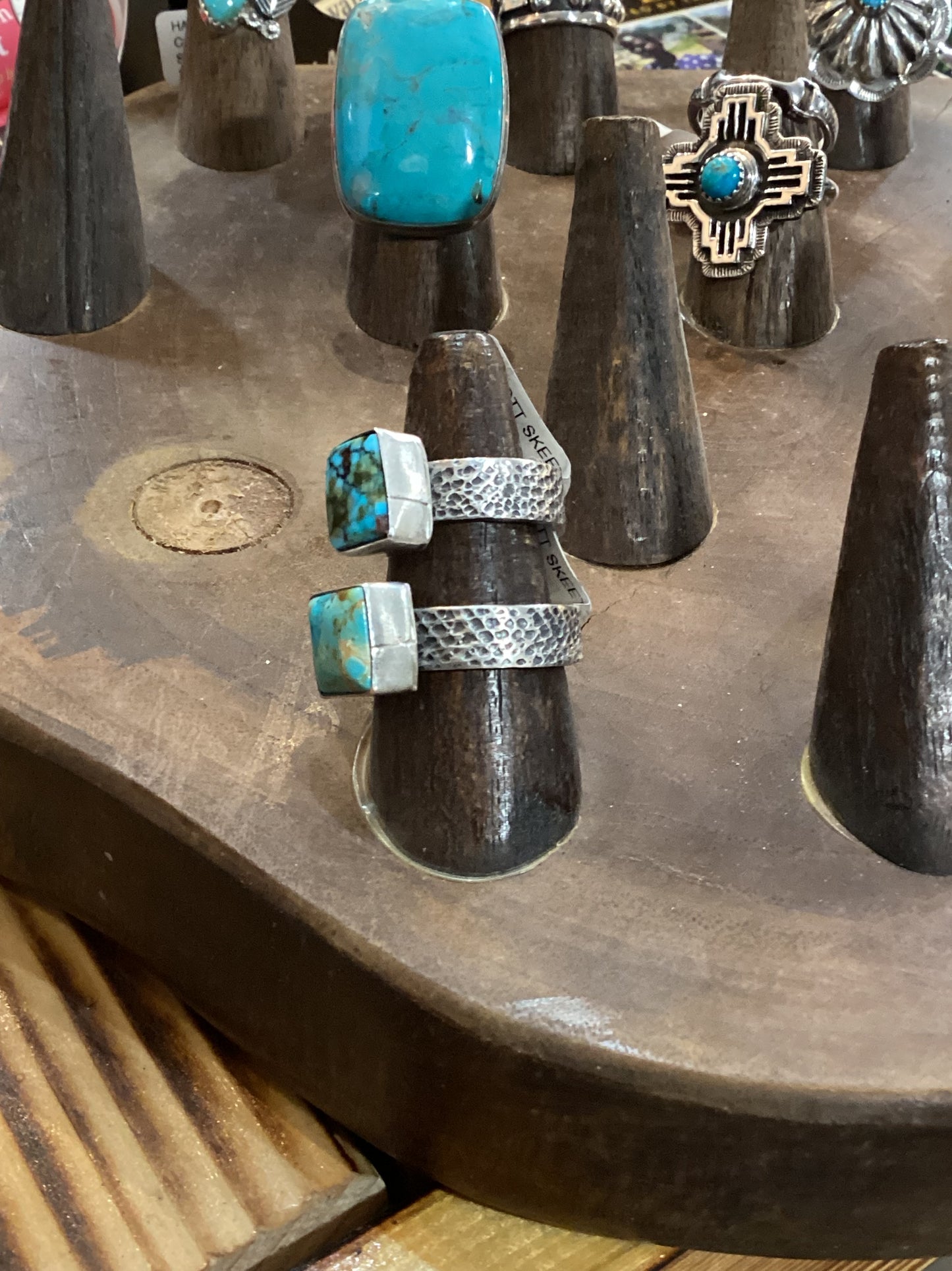 Navajo Authentic Square Turquoise Ring with Hammered BandScott Skeets