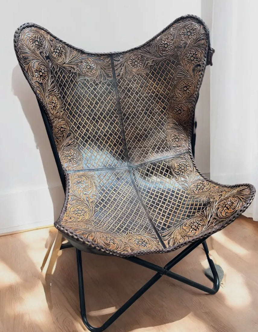 Hand Tooled Leather Butterfly Chair
