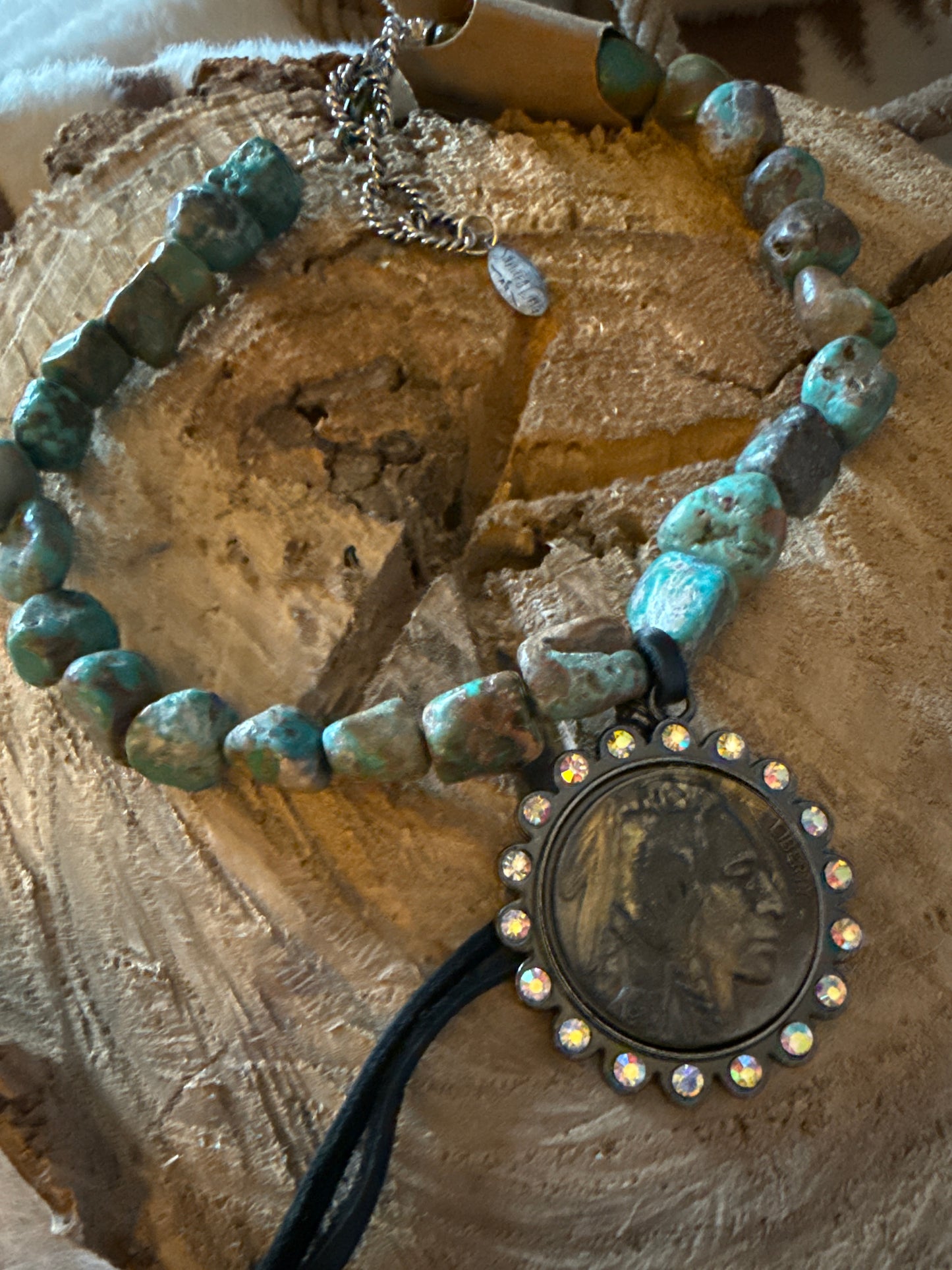 Authentic Turquoise Nugget & Indian head Concho with Rhinestone Necklace