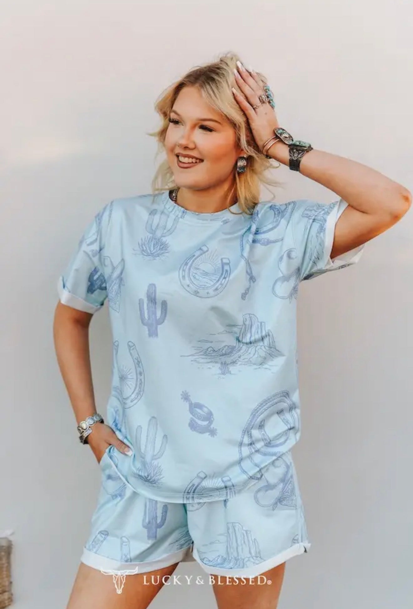 L & B Light Blue Western Printed Two Piece Set