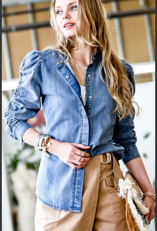 Shirring Detail Sleeve Washed Button Down Denim Blouse Top