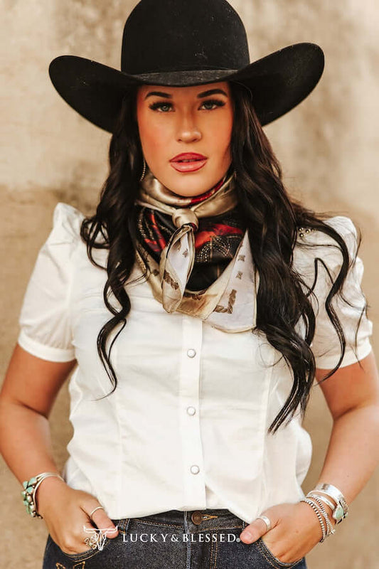 LUCKY & BLESSED BLACK AZTEC BOOT STITCH COWBOY PRINTED WILD RAG