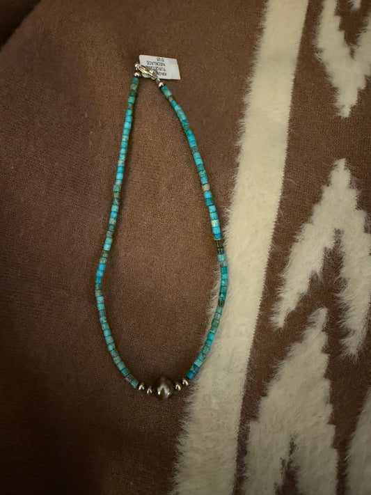 Sterling Silver Handstrung Turquoise Navajo Pearl Necklace