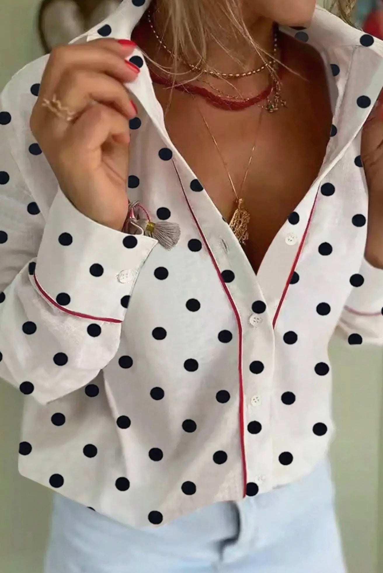 White woth Black Polka Dot Red Trim Contrast Trim Button Up Blouse