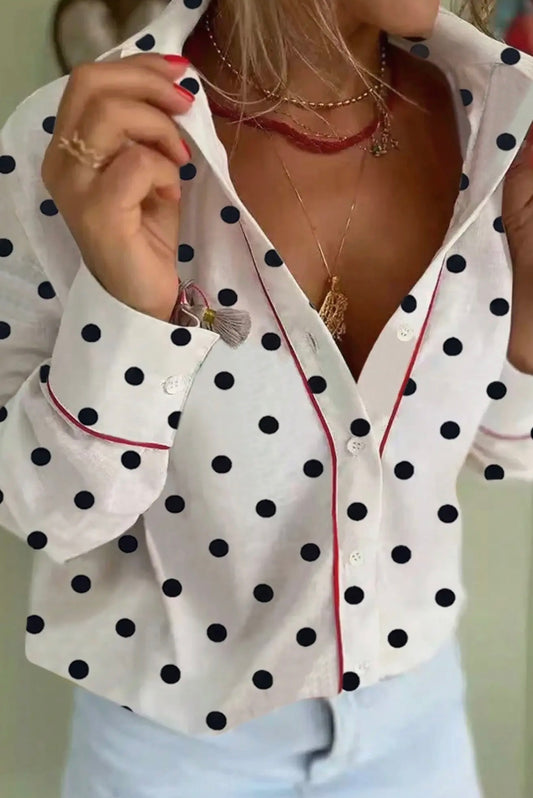 White woth Black Polka Dot Red Trim Contrast Trim Button Up Blouse