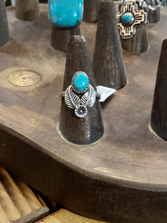 Authentic Turquoise Leaf and Flower Ring Sz 7 Kingman Turquoise Handmade
