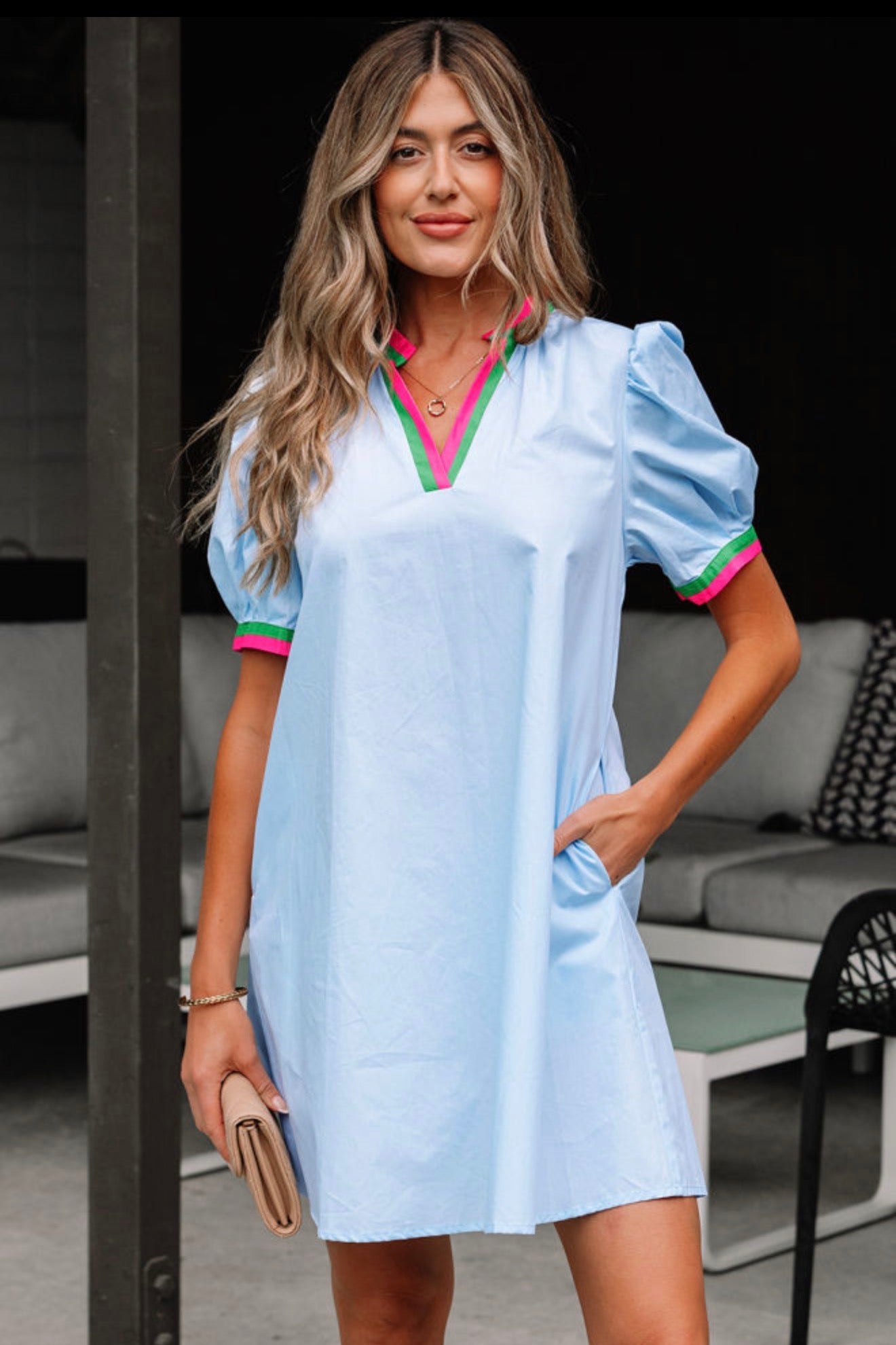 Myosotis Contrast Striped Notched V Neck Puff Sleeve Mini Dress