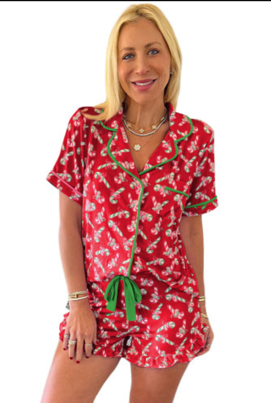 Red Christmas Candy Cane Print Pocketed Knotted Pajama Set