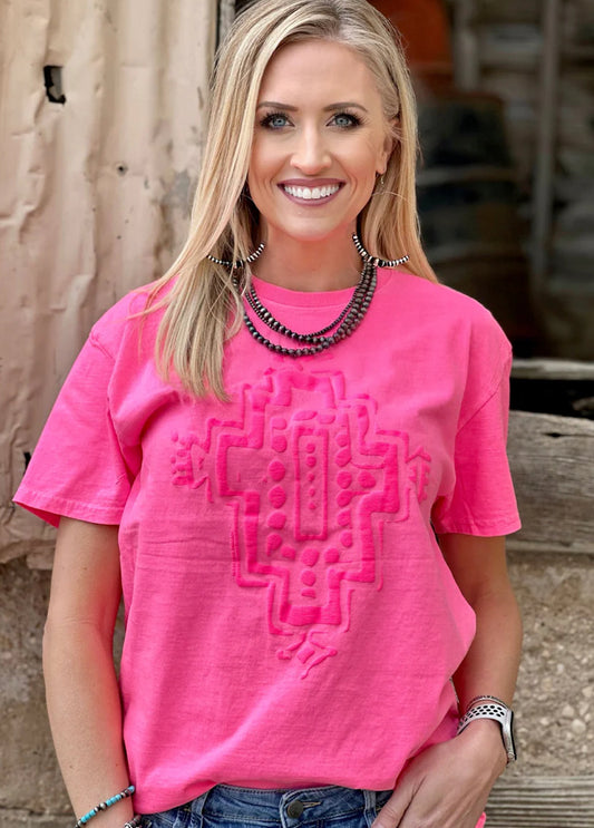 Texas True Western Aztec In Neon Pink Puff Ink Tee