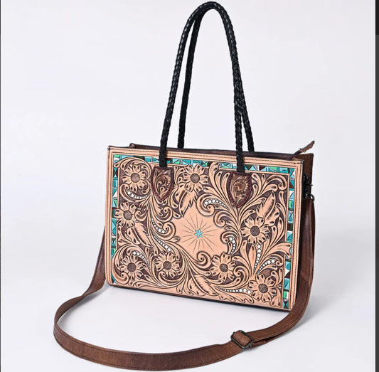 American Darling tooled leather turquoise tote