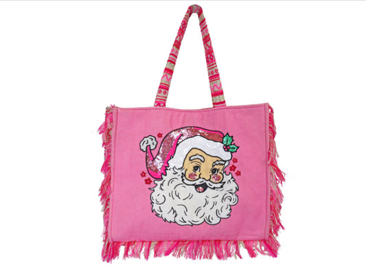 TICKLED PINK SEQUINED SANTA LARGE TOTE