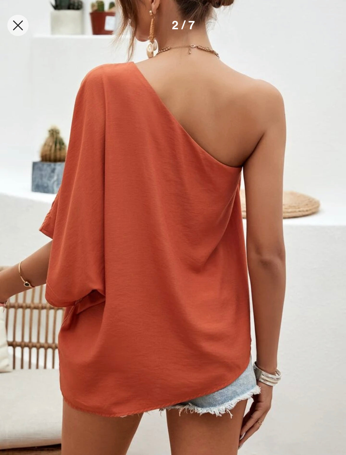 One side off the shoulder rust color blouse