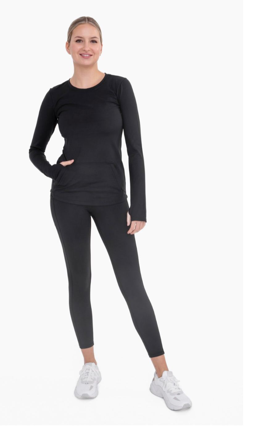 Mono B Butter Soft Black Brushed Interior Long Sleeve Active Top with Thumbholes