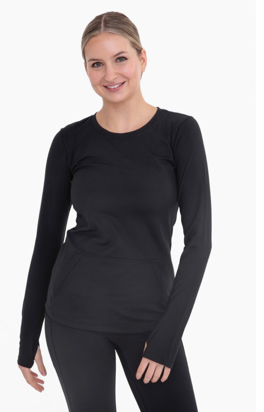 Mono B Butter Soft Black Brushed Interior Long Sleeve Active Top with Thumbholes