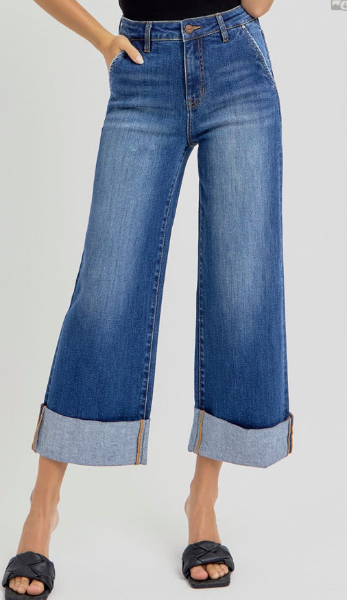 RISEN JEANS HIGH RISE ANKLE WIDE CUFFED JEANS