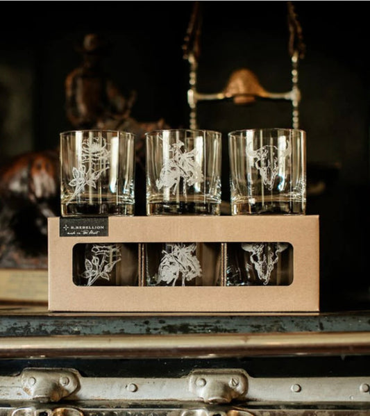 Western Inspired Etched Old Fashioned Whiskey Glasses Set of 3