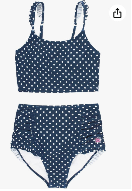 RuffleButts Navy Polka Dot High Waisted Flutter Bikini -10