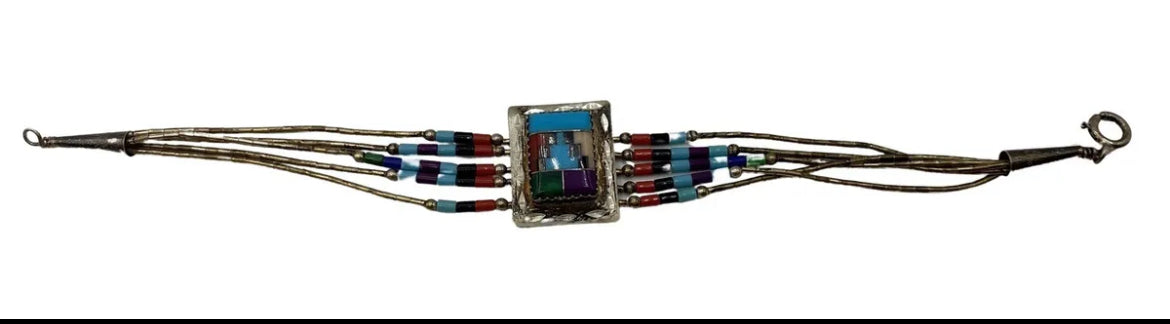 Vintage Zuni Heishi Sterling Silver Inlay Bracelet 7.25 Inches