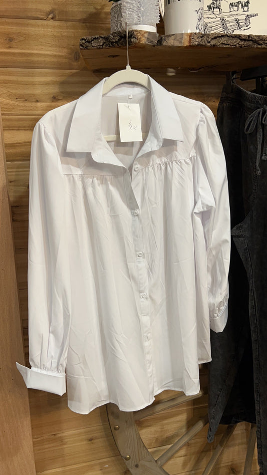 White ruffled button up long sleeve