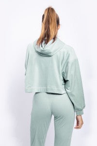 Velour Cropped Hoodie Pullover with Notched Neckline