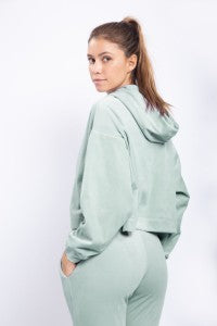 Velour Cropped Hoodie Pullover with Notched Neckline