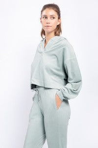 Velour Cropped Hoodie Pullover with Notched Neckline